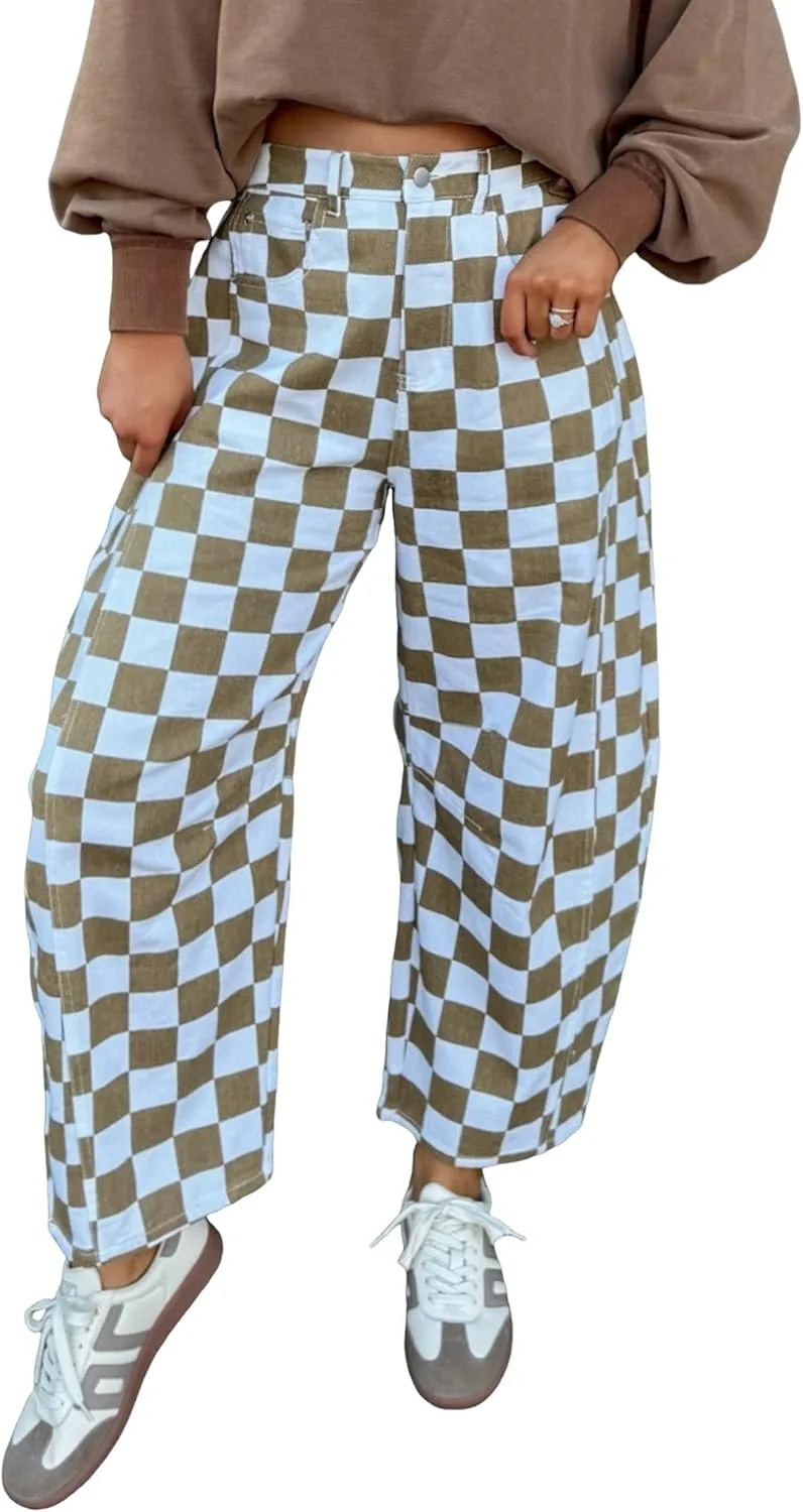 

Брюки для женщин White Checkered Print Denim Barrel Opemiby