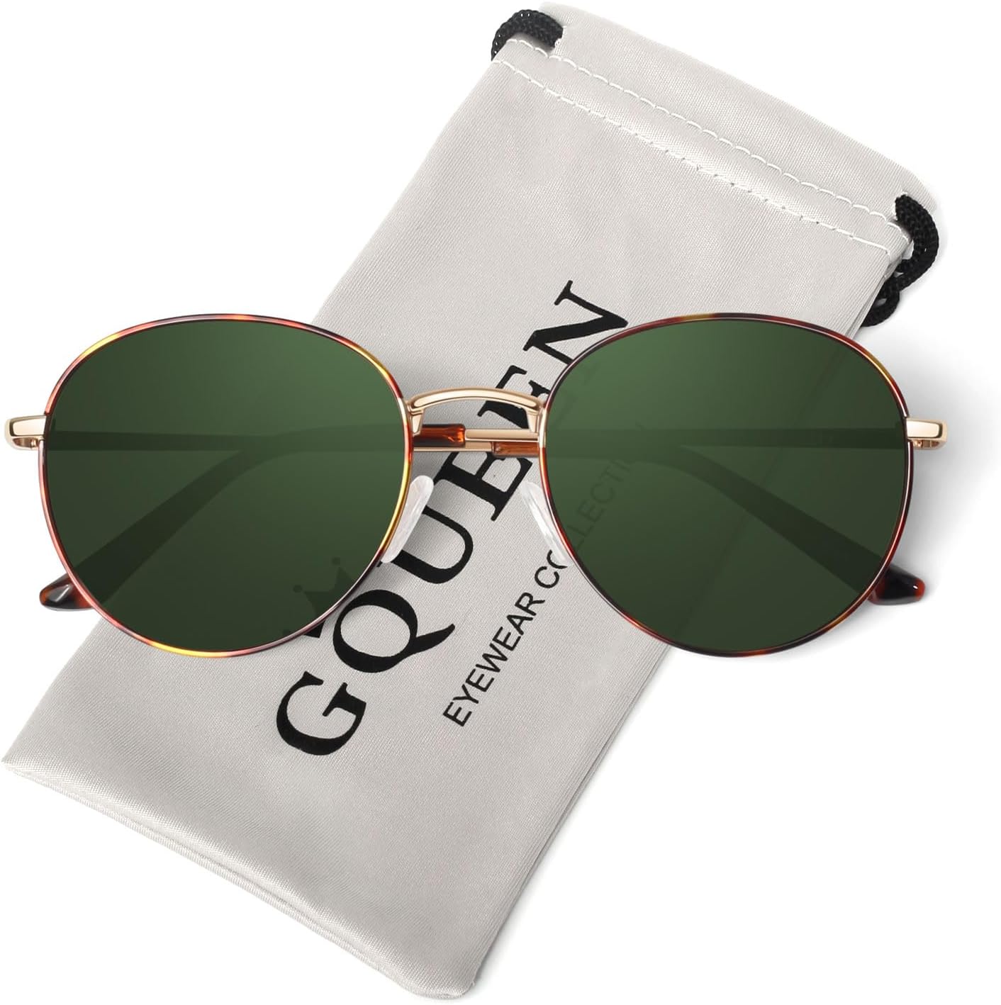 

Солнцезащитные очки GQUEEN Retro круглые поляризованные для женщин и мужчин, с пружинным шарниром, металлической оправой, модные овальные солнцезащитные очки в стиле хиппи, защита от УФ-излучения UV400, 1 Tortoise Frame/Green Lens