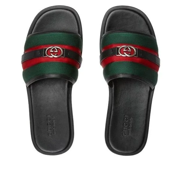 Шлепанцы Gucci 25 Interlocking G, цвет «Черный, зеленый, красный» — фото 4