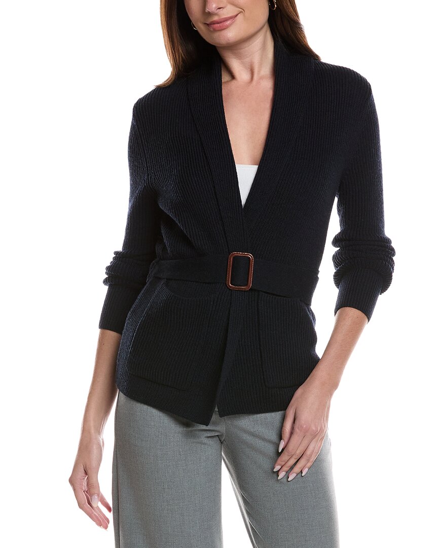 

Кардиган-шаль с поясом и рубчиком из мериносовой шерсти Бруно Мальи Bruno Magli, темно-синий