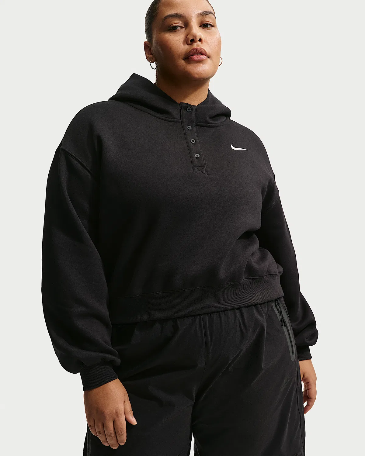 Женская оверсайз-худи с вырезом "Хенли" (плюс сайз) Nike Sportswear Phoenix Fleece, Black/Sail