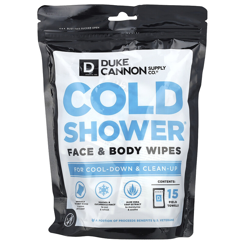 

Duke Cannon Supply Co., Cold Shower, салфетки для лица и тела, 15 полевых полотенец