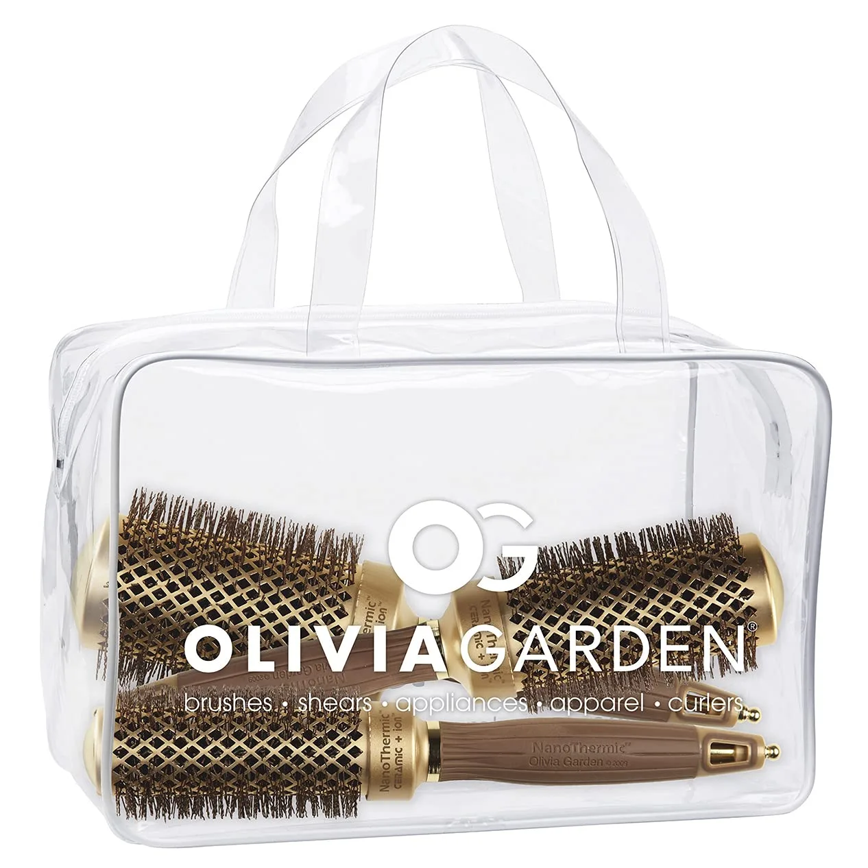Термощетка для укладки волос Olivia Garden NanoThermic Ceramic + Ion Round Thermal Hair Brush - не электрическая - профессиональная щетка для нормальных и густых волос. Сумка из 3 штук, Gold / Chocolate
