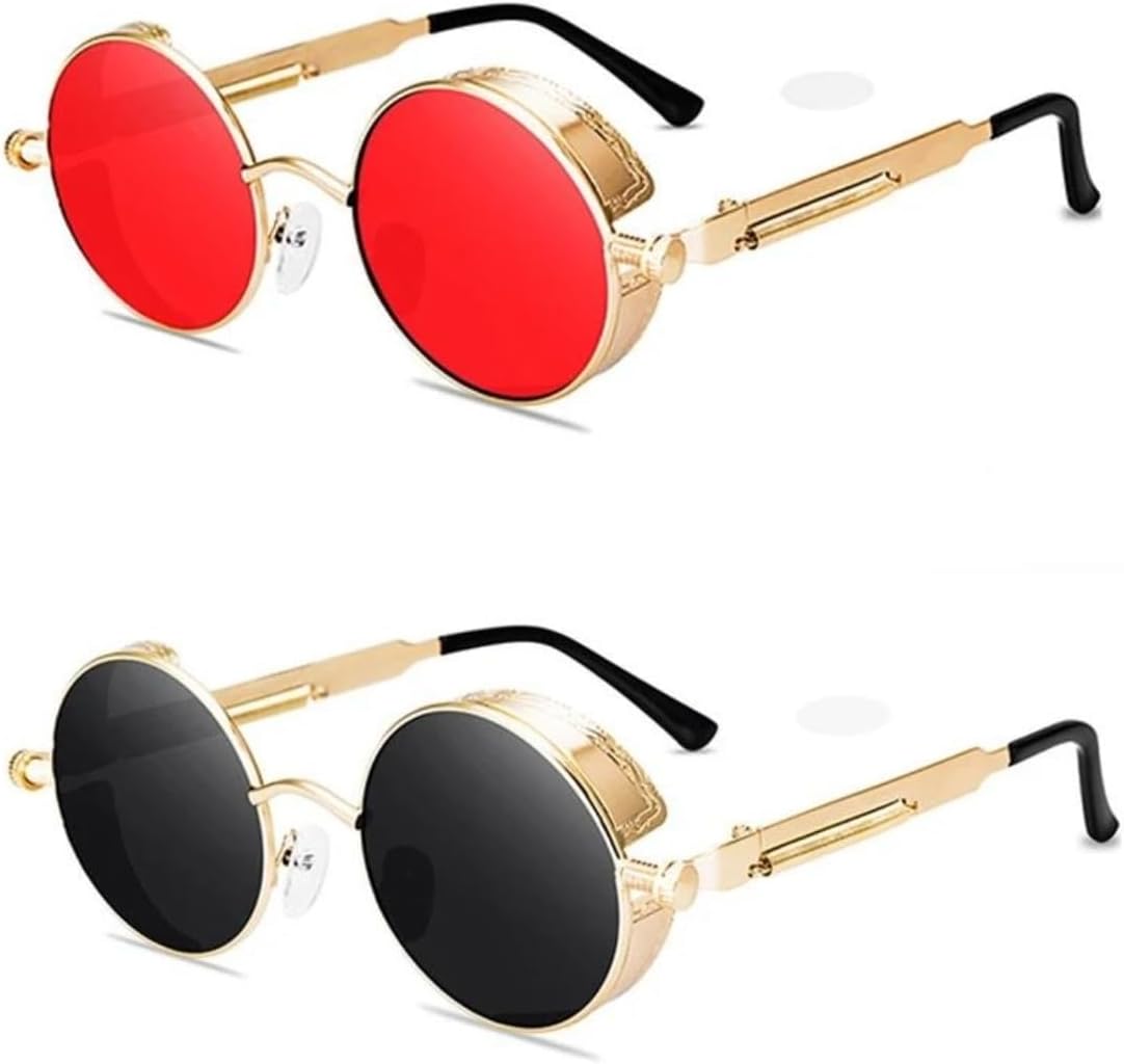 

Классические солнцезащитные очки в стиле стимпанк для мужчин и женщин, винтажные круглые очки, модные очки для вождения с защитой от УФ-излучения UV400 UQKY, Red/Black