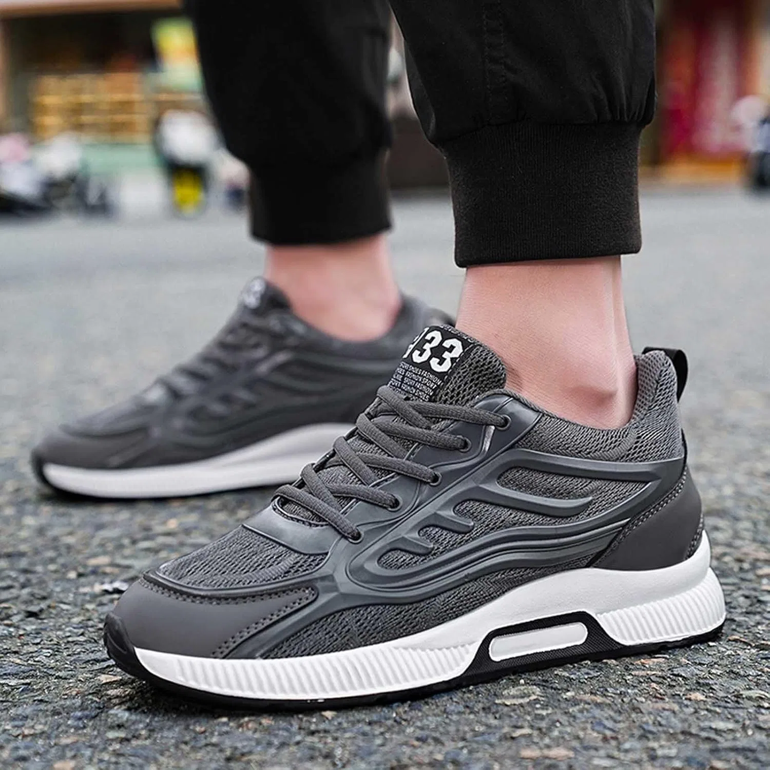 Generisch Sneaker Herren Schuhe Produkttyp Мужские кроссовки - Modische einfarbige Mesh-Sneaker zum Schnüren für Paare Laufschuh-Design mit luftdurchlässigem Mesh leichte Alltags- Trainingstasche, Grau — фото 3