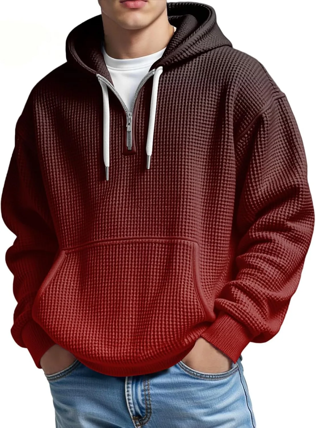 

Мужская худи с четвертью молнии градиентная вафельная с капюшоном и карманом