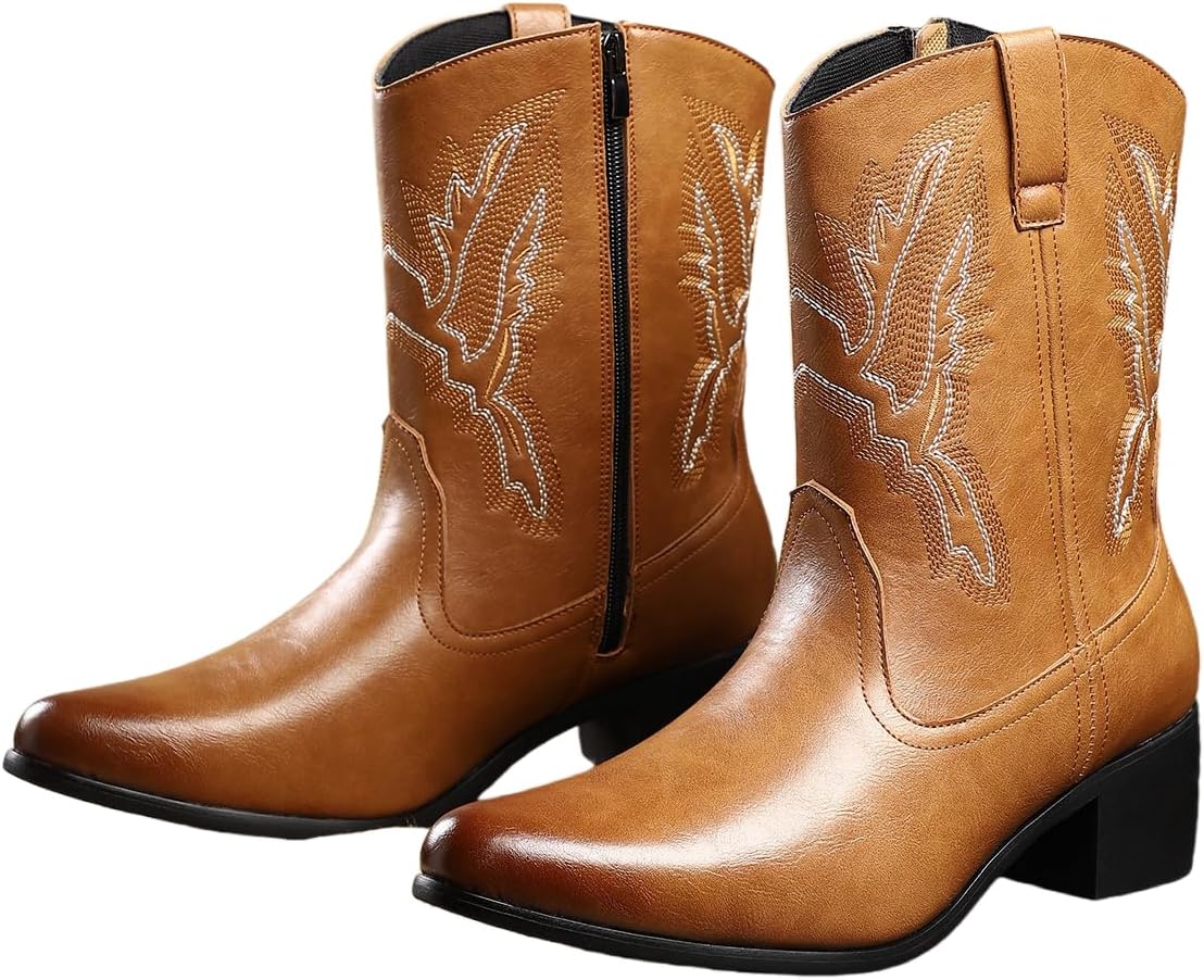 

Мужские ковбойские сапоги Hhhchpm с заостренным носком, вестерн, ретро, прочные классические модные вышитые ковбойские сапоги средней длины с боковой молнией, желтый