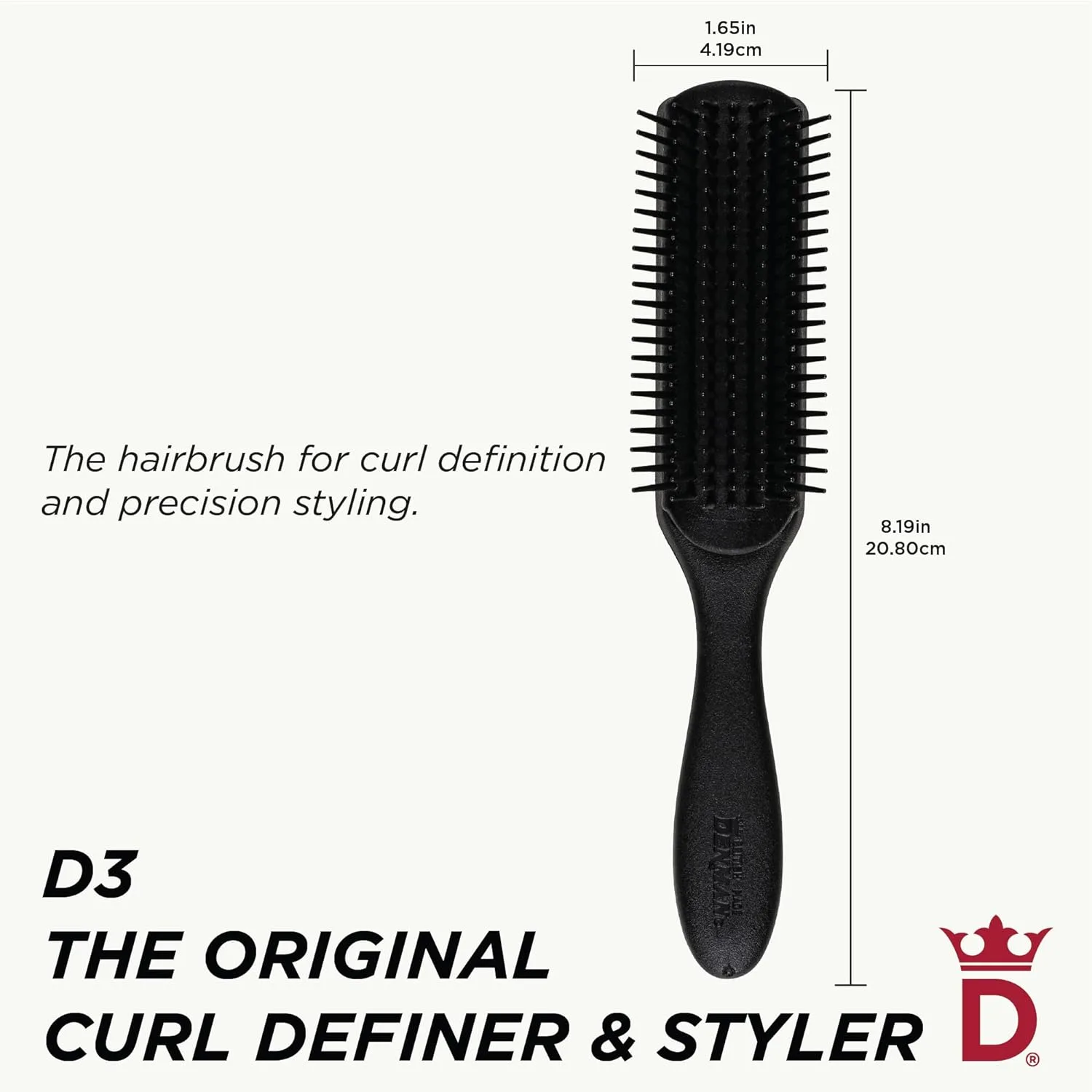 Denman D3 Original Curl Definer & Styler, щетка для вьющихся волос для женщин и мужчин - 7 рядов для распутывания и формирования локонов, щетка для гладких и четких завитков, All Black — фото 2