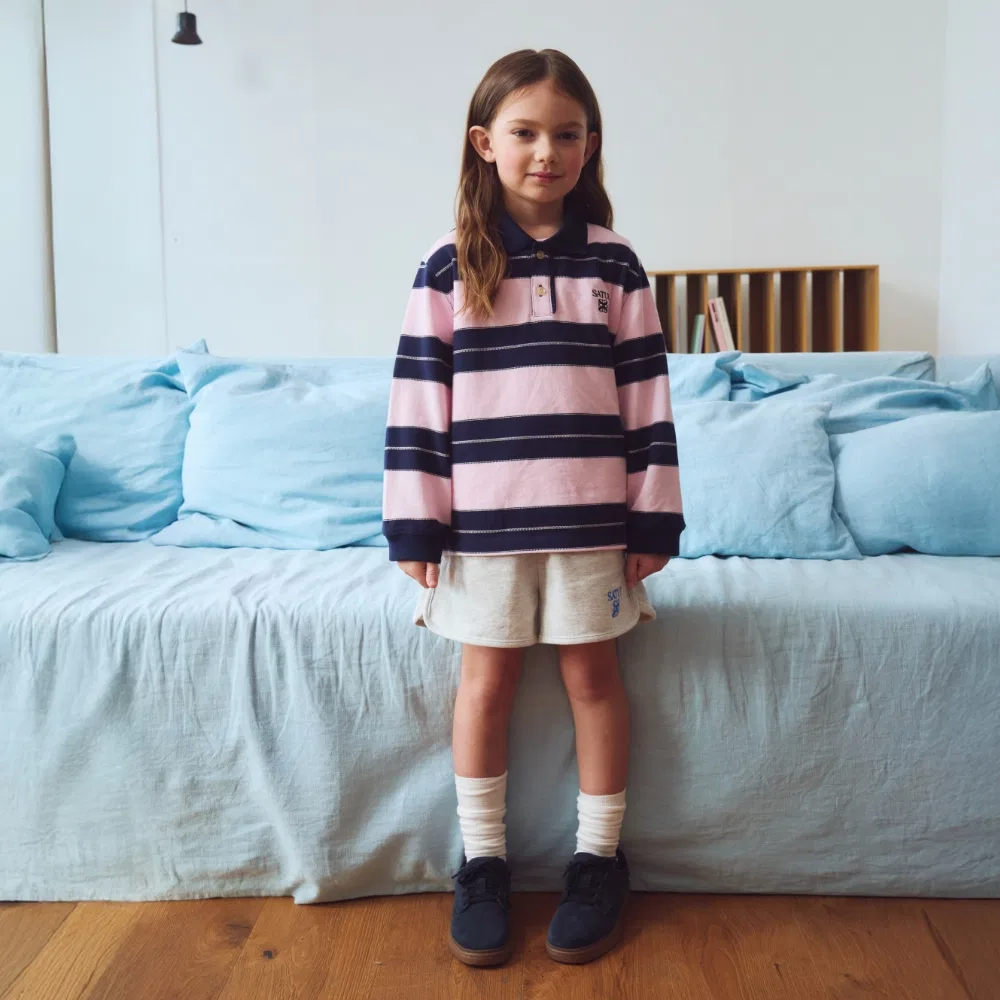Детская розовая футболка поло с длинным рукавом в полоску от Satur Kids — фото 2