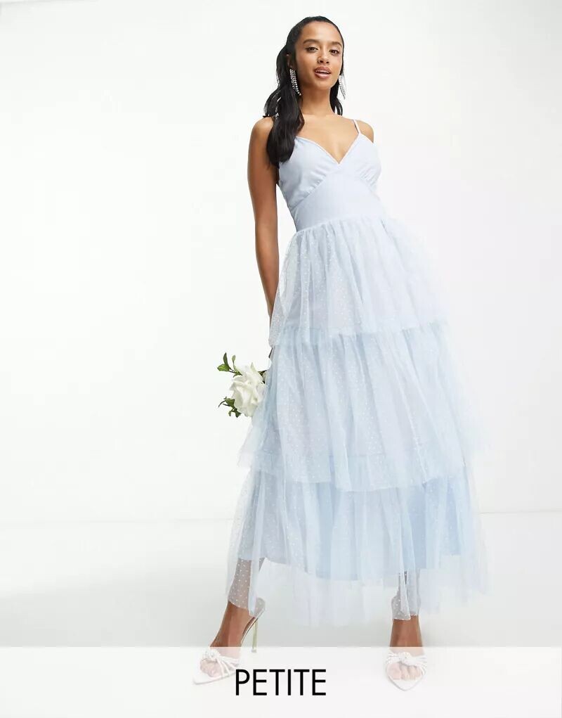 

Платье макси подружки невесты из синего тюля в горошек Vila Petite Bridesmaid с многоярусной юбкой