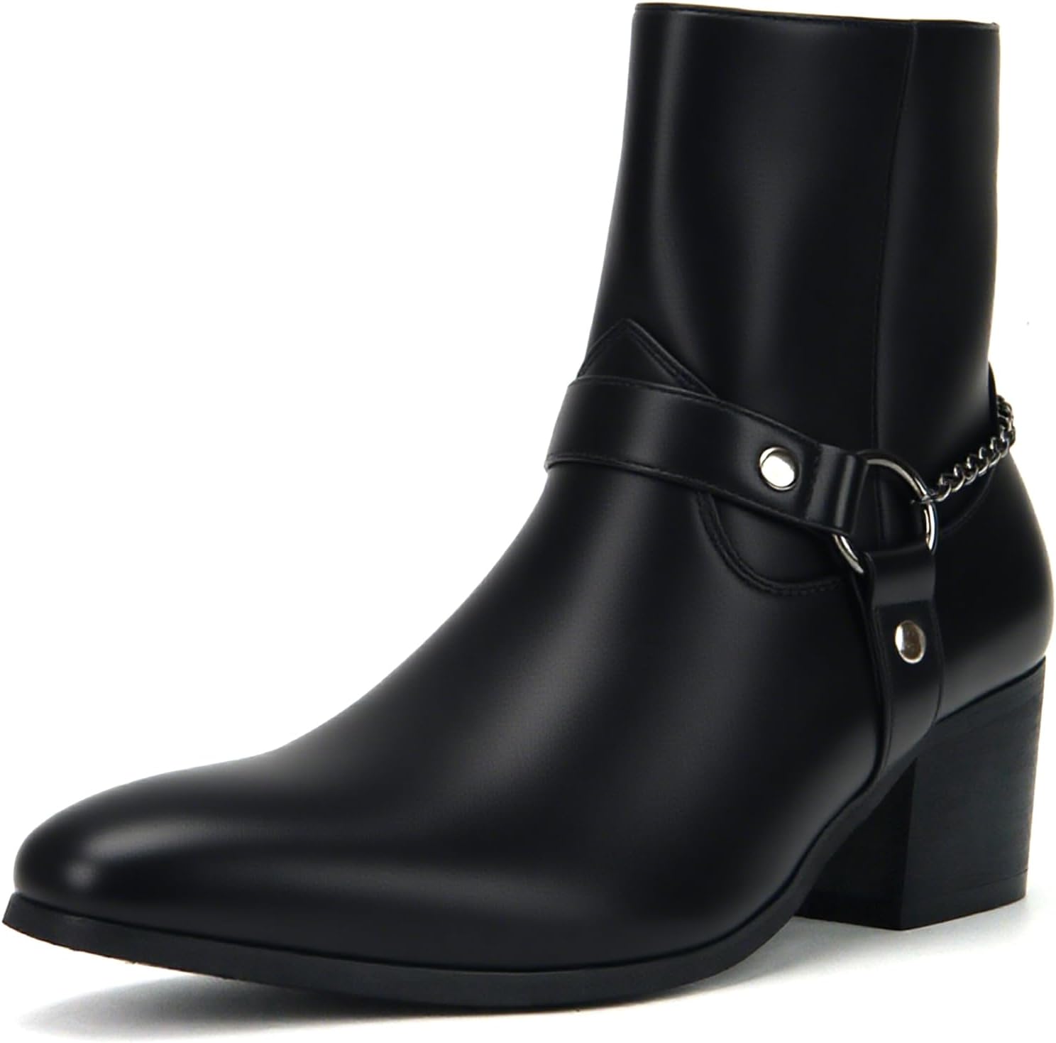 

Мужские кожаные ботинки Челси с боковой молнией, массивным каблуком и пряжкой, с модной металлической цепочкой, на устойчивом каблуке, для делового, офисного, вечернего и праздничного образа Bangteuo, черный