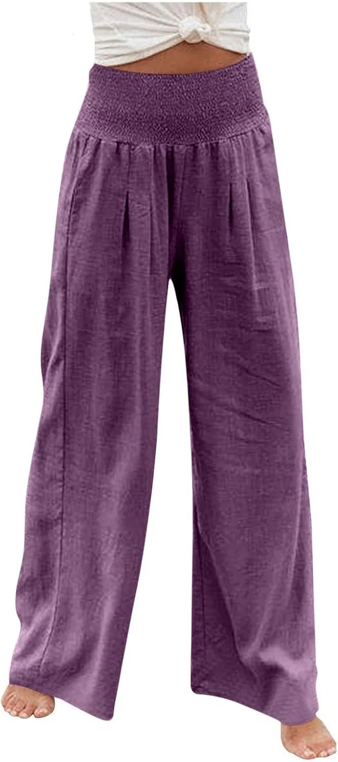 Женские брюки палаццо с завышенной талией, Cotton Linen, A04_purple — фото 3