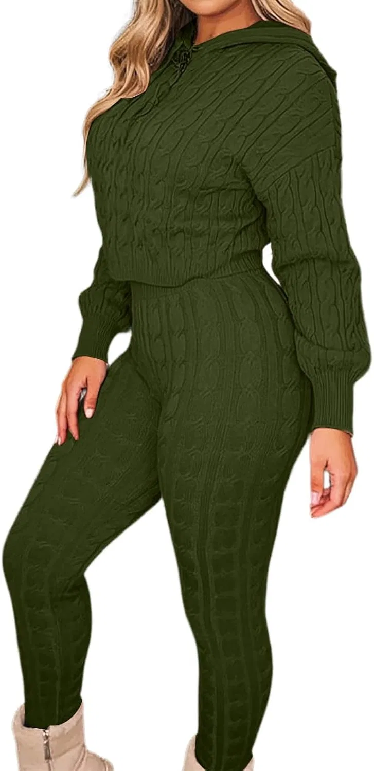 Женский спортивный костюм из трикотажа, свитер с капюшоном и леггинсы, Army Green