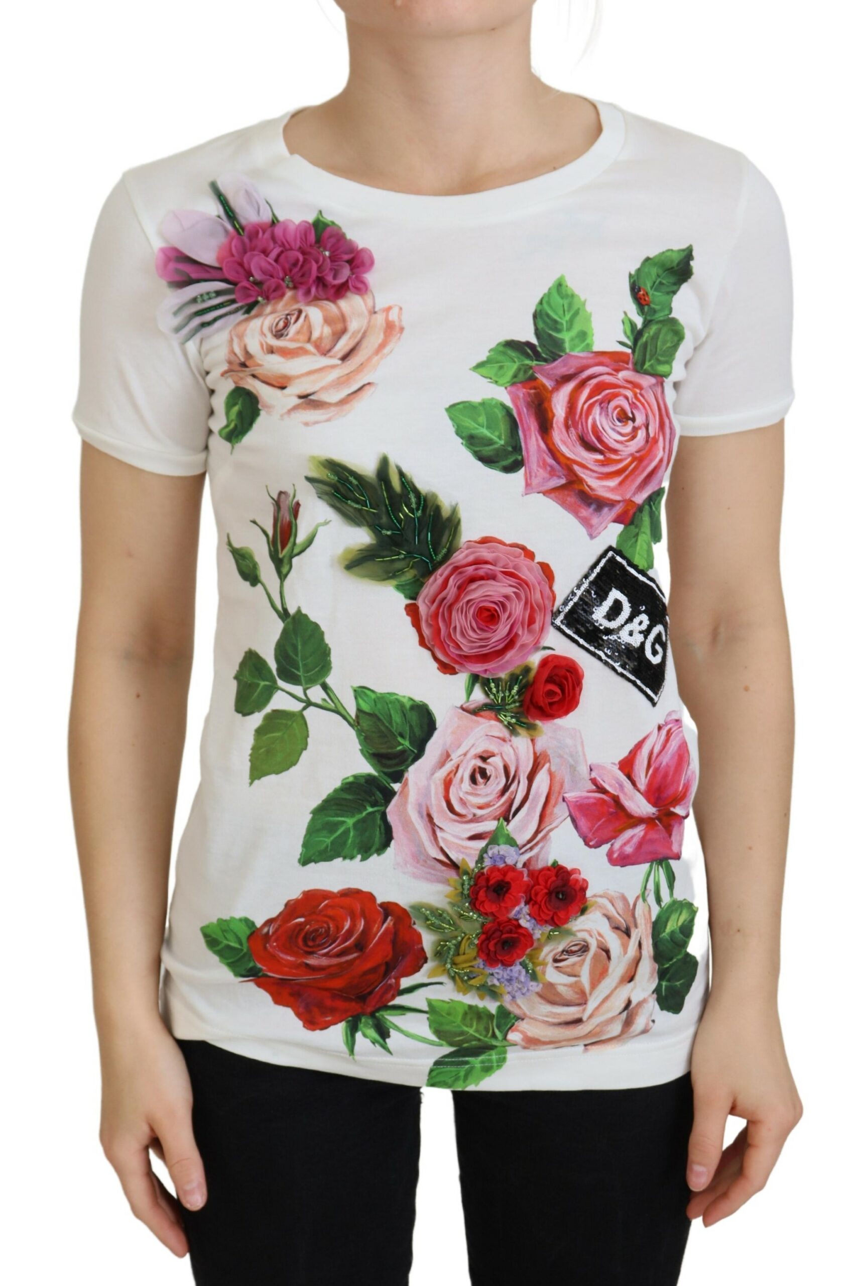 

Элегантная хлопковая футболка с разноцветным принтом роз Dolce & Gabbana