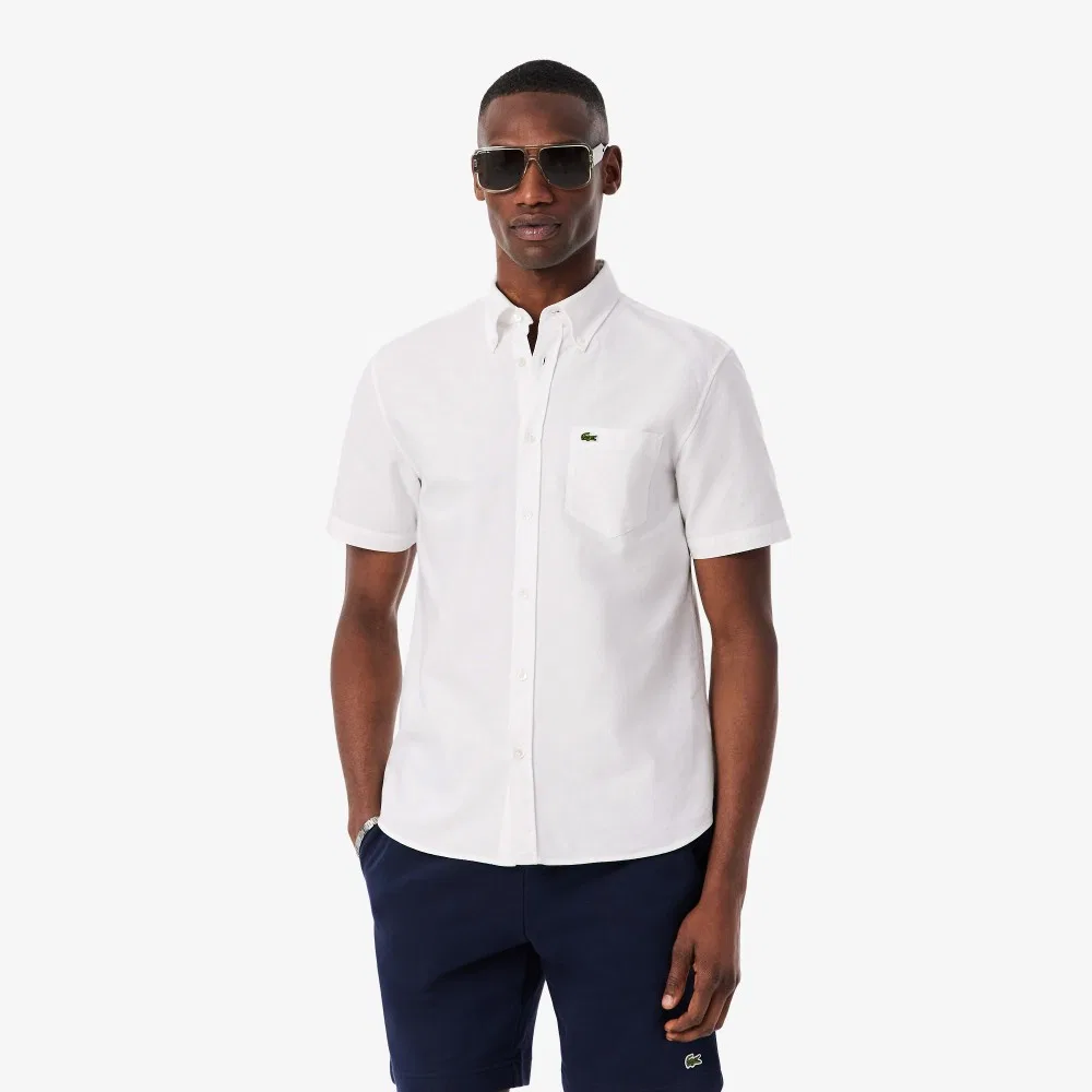 Мужская оксфордская рубашка с коротким рукавом, белая, от Lacoste