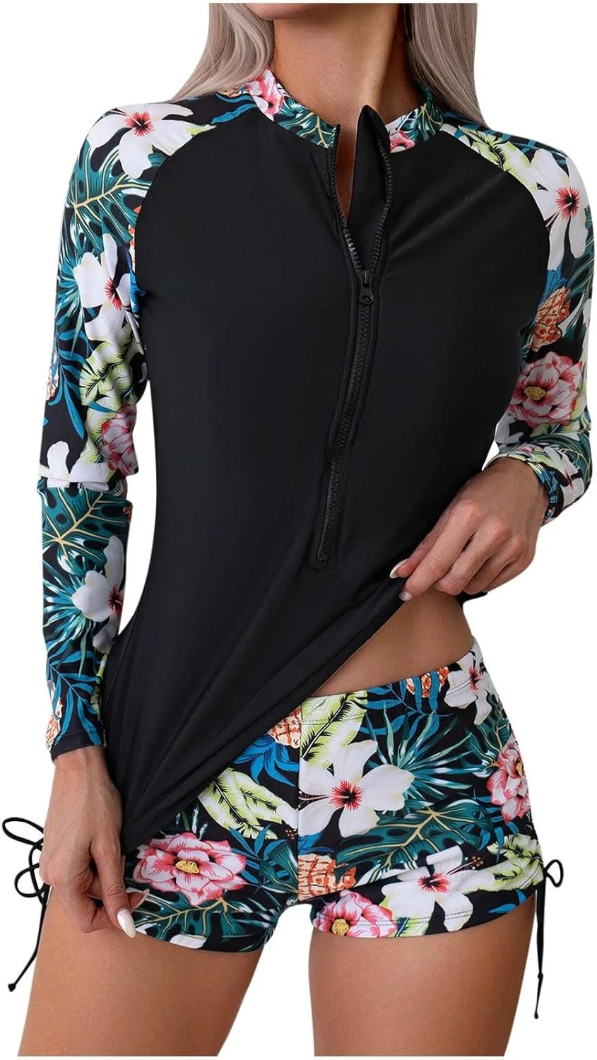 Женский купальник-рашгард из двух частей с длинными рукавами, защитой от ультрафиолета UPF 50+, с тропическим принтом, в комплекте с плавками-шортами Generic, Black#02