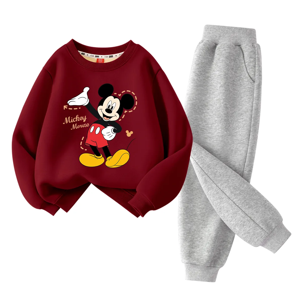 Детский спортивный костюм с круглым вырезом Disney, [Thickened and Fleece-Lined]Di Pong Hand Warmers in Burgundy+Solid Color Gray