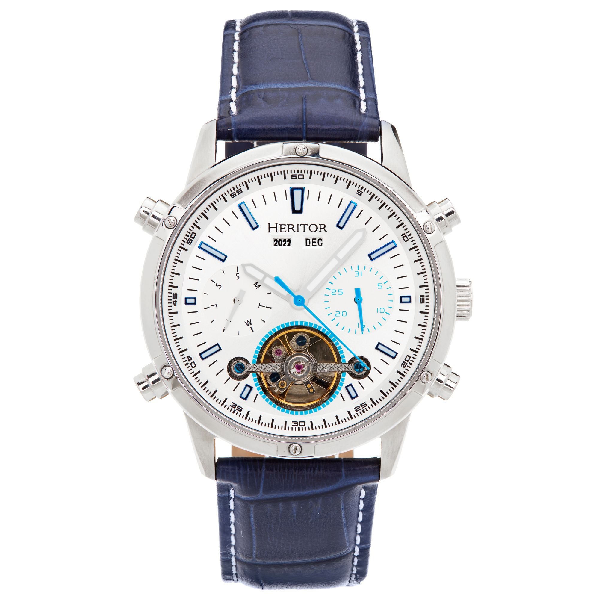 

Часы Heritor Automatic Wilhelm Semi-Skeleton с кожаным ремешком и указателем дня недели и даты - черные/серебристые