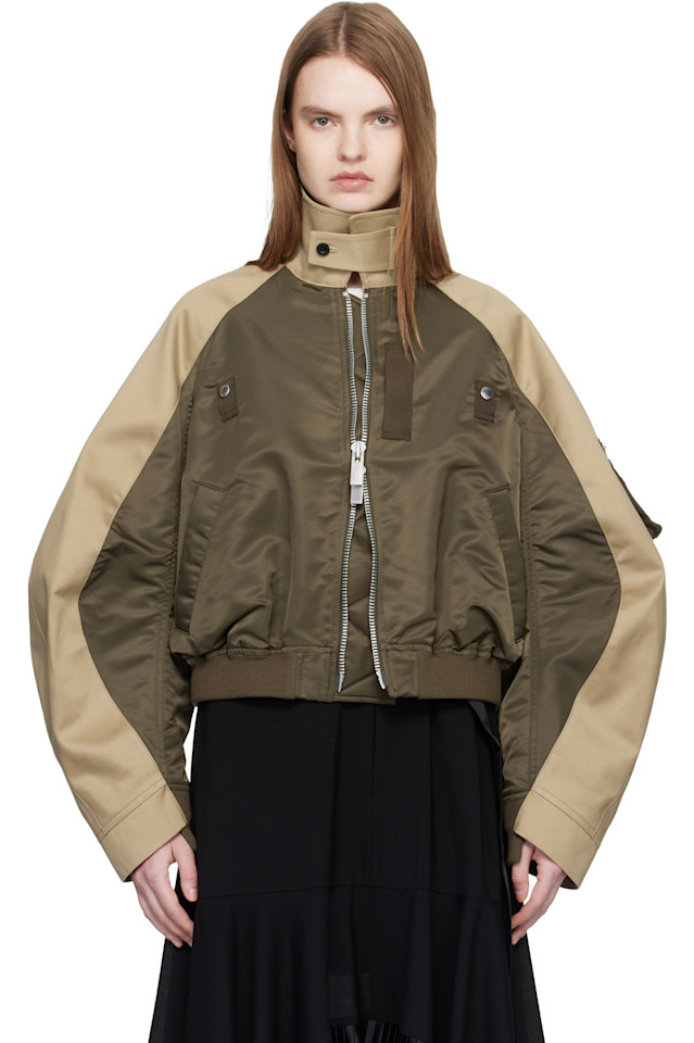 

Sacai Бомбер из саржевой ткани цвета хаки и бежевого цвета