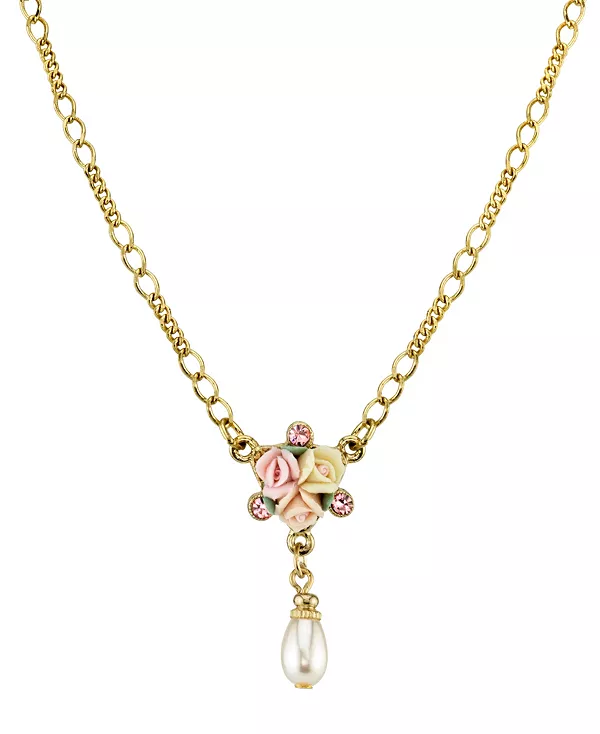 

Ожерелье из золотистого фарфора цвета слоновой кости и розового жемчуга с имитацией розы, регулируемое, 16 дюймов 2028, pink