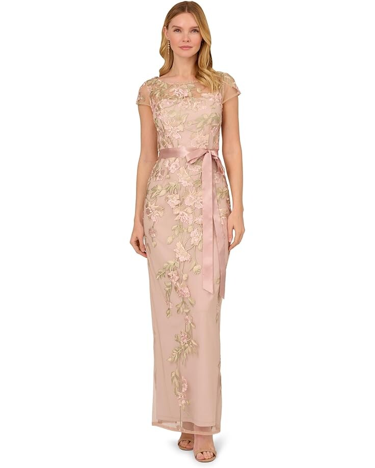 

Платье Adrianna Papell Cascading Floral Embroidered Long Column Gown, цвет Blush/Nude Multi