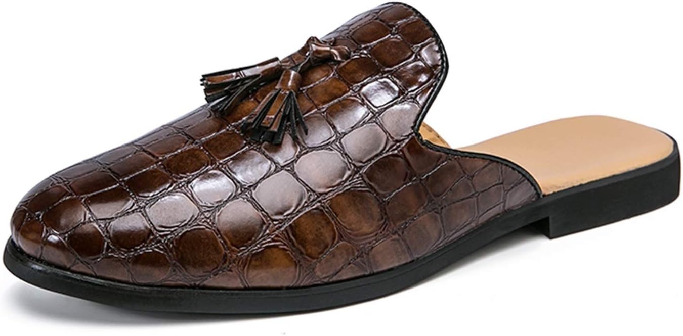

Мужские сандалии Battle Men Leisure Loafer из веганской кожи с тиснением под крокодила, мюли с круглым носком, без задника, на слипон, с кисточками и строчкой, противоскользящие мягкие тапочки, однотонные, повседневные, коричневый