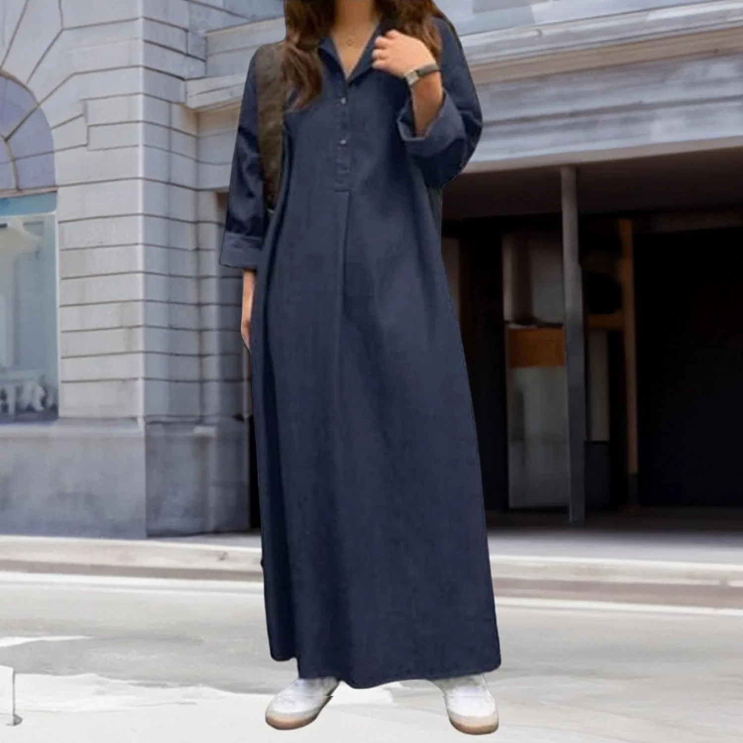 Женское макси-платье с V-образным вырезом Button Down Rolled-Up Sleeve Long Blouse Maxi Dress, Dark Blue — фото 3