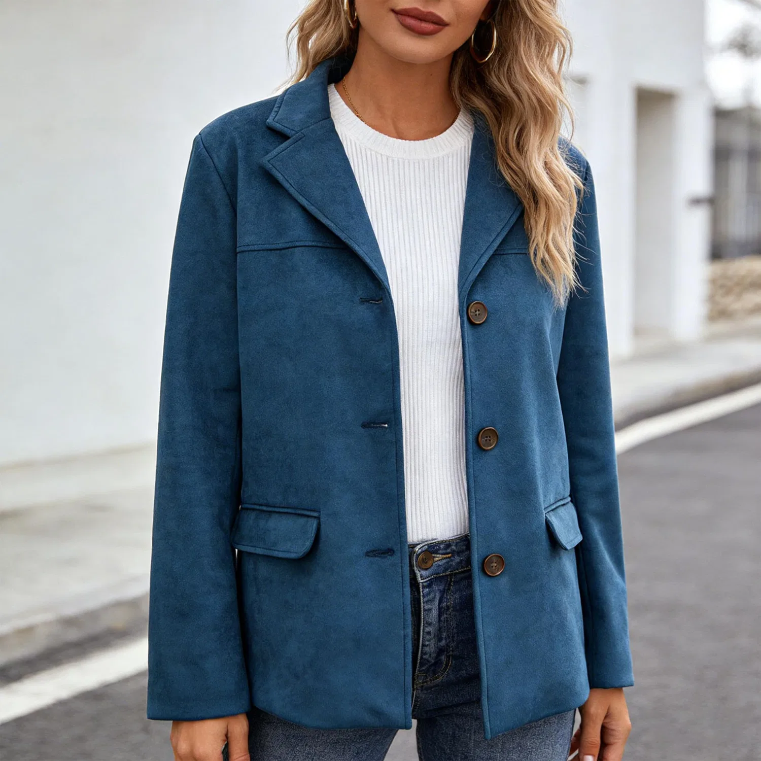 Женский жакет с лацканами из искусственной замши, blue — фото 3