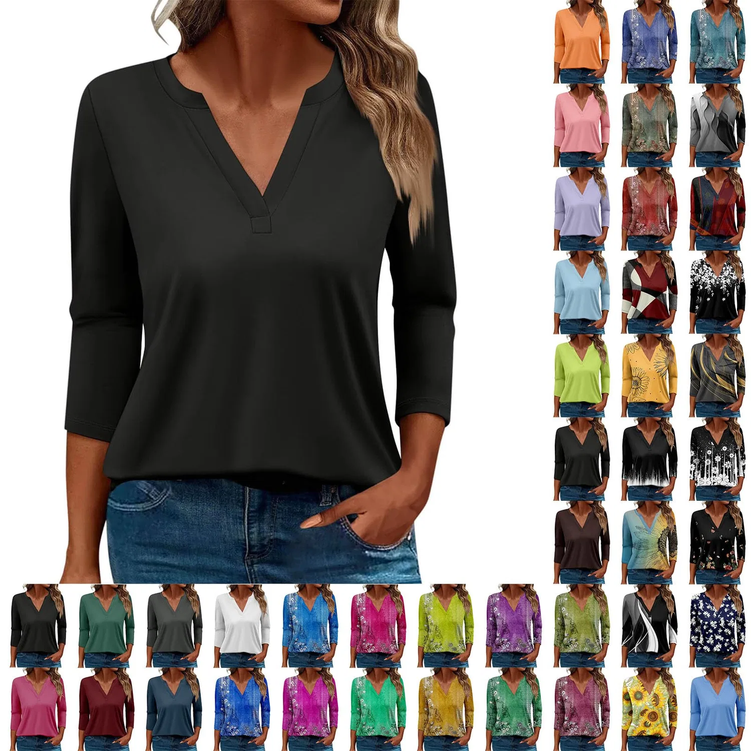 Женская блуза с принтом Women Blouses 3/4 Sleeve V Neck Casual Elegant Summer Boho Floral Print Blouses, 01#black