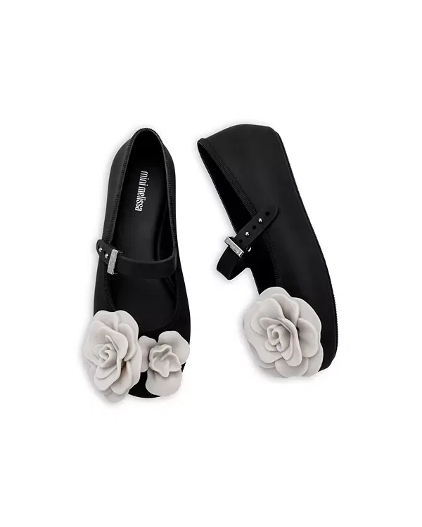 Детские балетки для девочек с цветочным украшением Mini Melissa, Black/Beige — фото 3