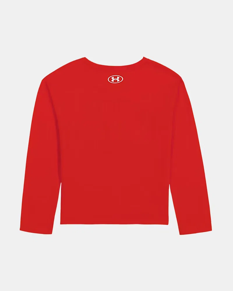 Детский лонгслив с влагоотводящей быстросохнущей тканью UA Varsity UnderArmour, Anthem Red/Apex Pink — фото 3