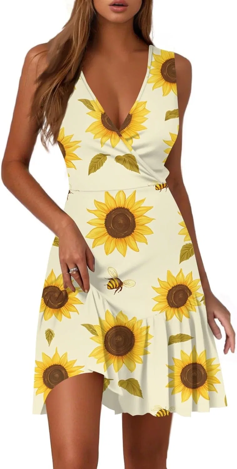 Женское летнее платье миди V-образным вырезом без рукавов, Earthy Yellow