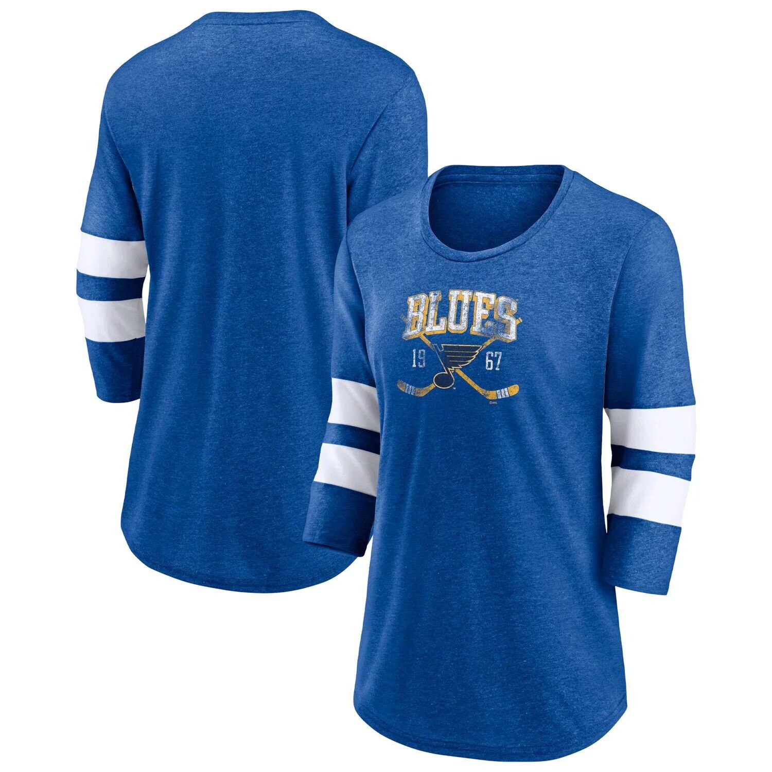 

Женская футболка Fanatics с логотипом Heather Blue St. Louis Blues Line Shift Tri-Blend с рукавами три четверти Fanatics