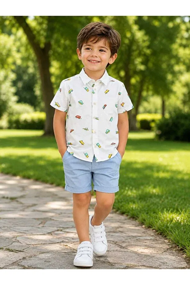 Детская рубашка для мальчиков с принтом Car patterned shirt Markasız Ucuz, White