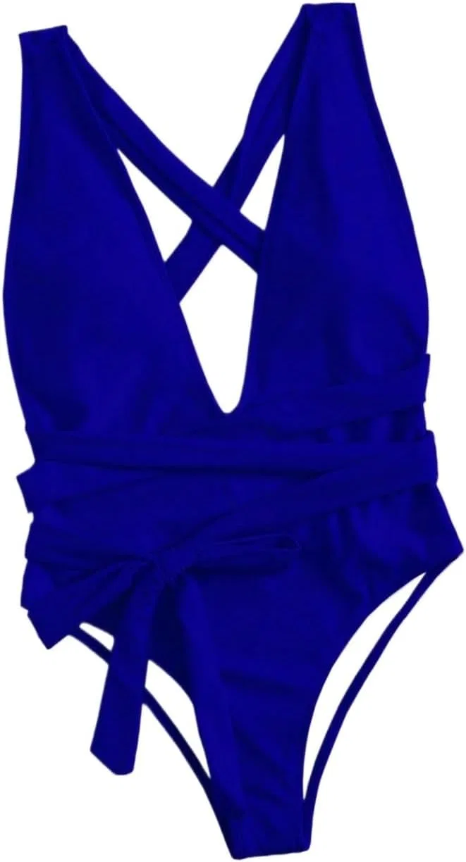 Женский цельный купальник монокини с перекрестными завязками Generic, Blue