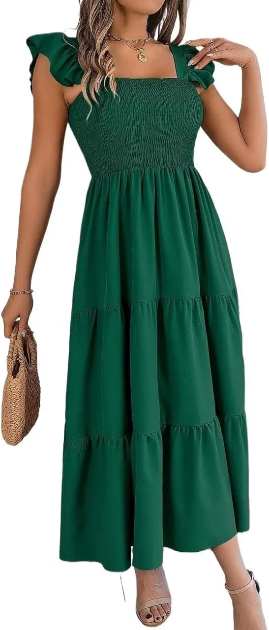 Женское A-силуэта платье миди с рюшами, Dark Green