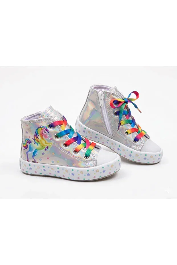 Детские кроссовки для девочек с подсветкой Unicorn patterned rainbow lace-up lighted Papuctime, White — фото 2