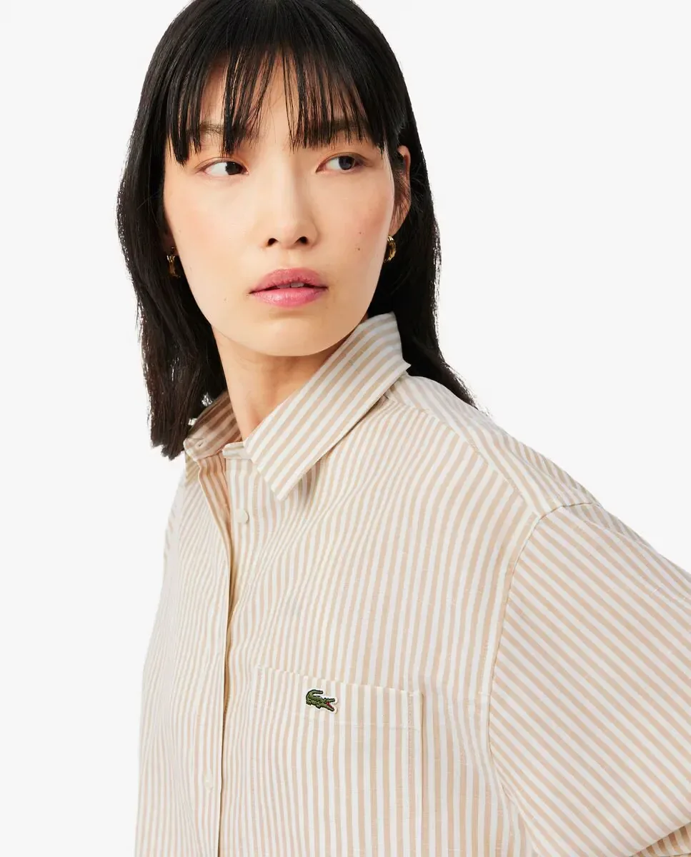 Женская рубашка оверсайз Lacoste, из льняной смеси, бежевый — фото 3