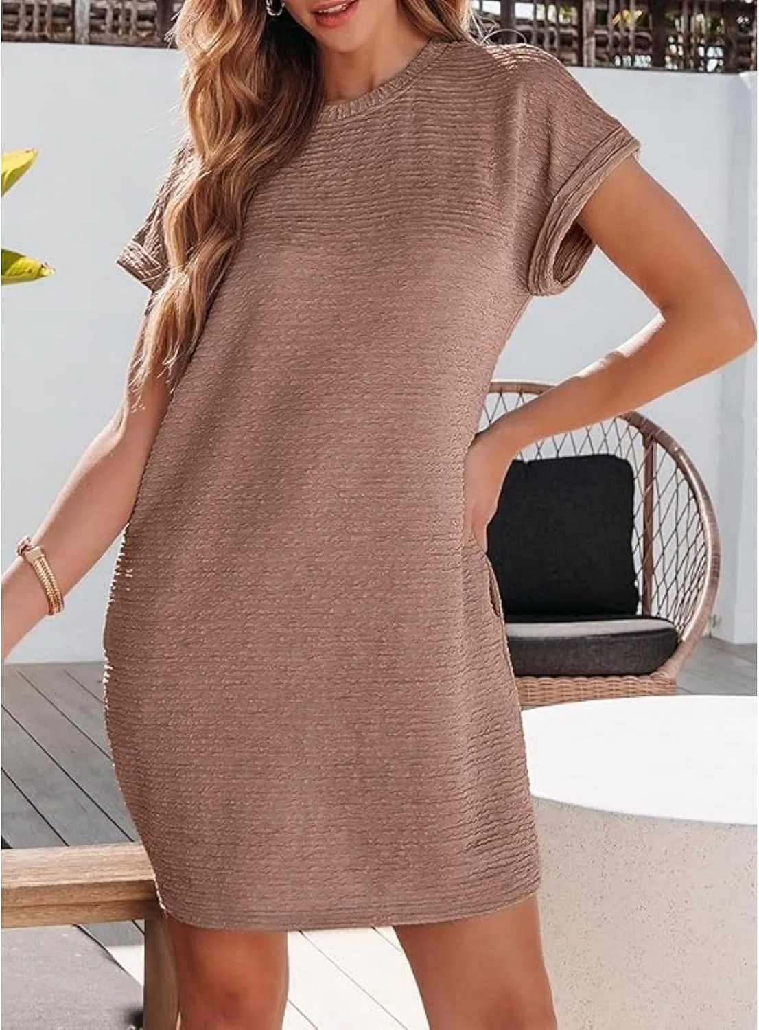 Женское летнее платье-футболка с карманами Generic, Light Brown — фото 4