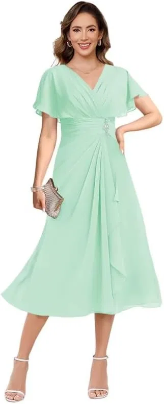 Женское платье для матери невесты с оборками и пайетками LA104, Mint Green
