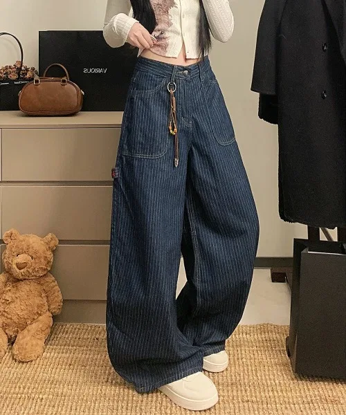 Детские джинсы свободного кроя с полосатым принтом Meryl Stripe Denim Wide Baguette Painter Pants NEW GENTLEMAN, Синий — фото 3