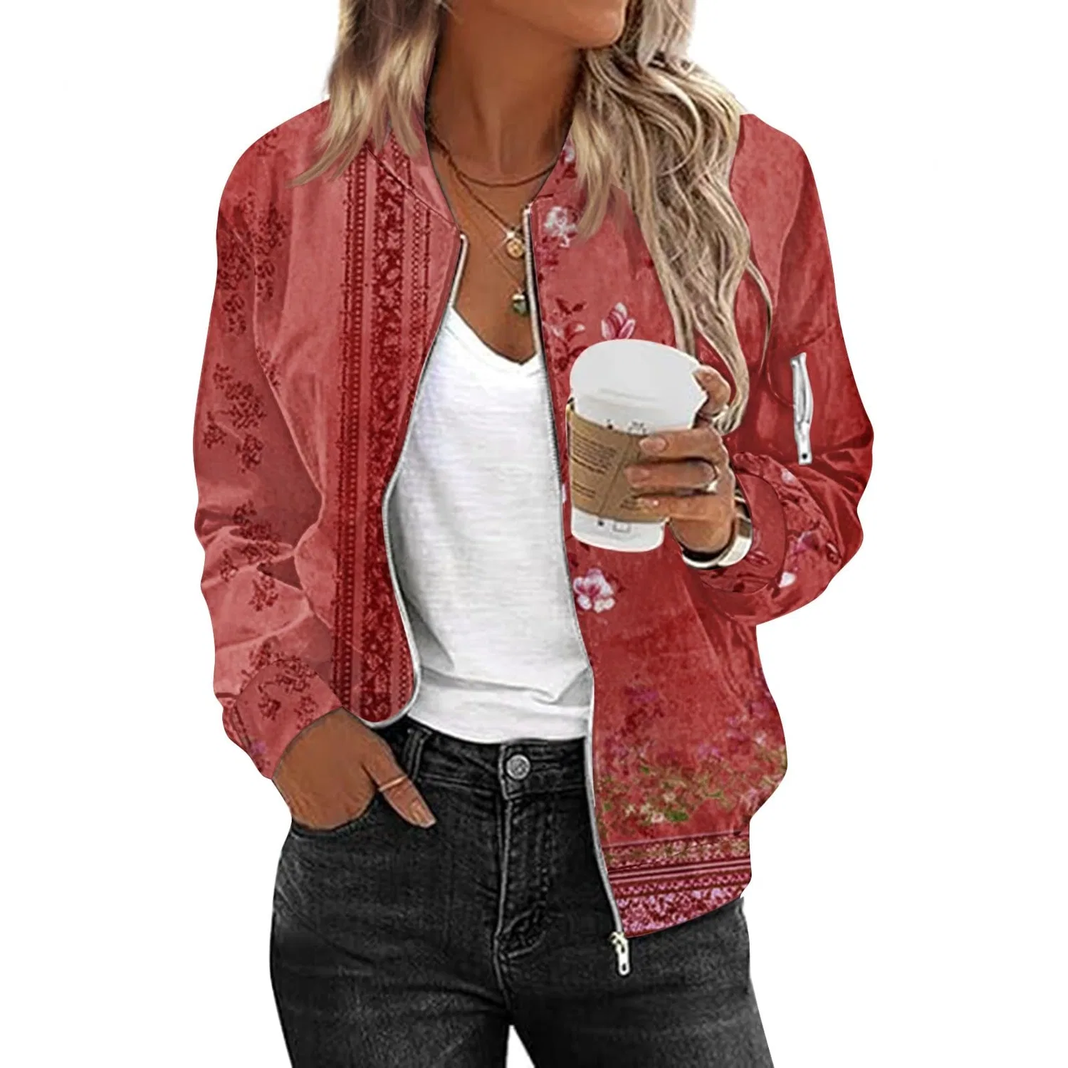Женская куртка-бомбер с принтом, модель Summer Printed Slim Jacket, Rosso 4 — фото 2
