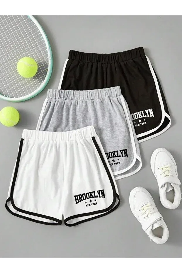 Детские шорты для девочек с принтом 3-шт Brooklyn New York Morning Kids, Black-Gray-White
