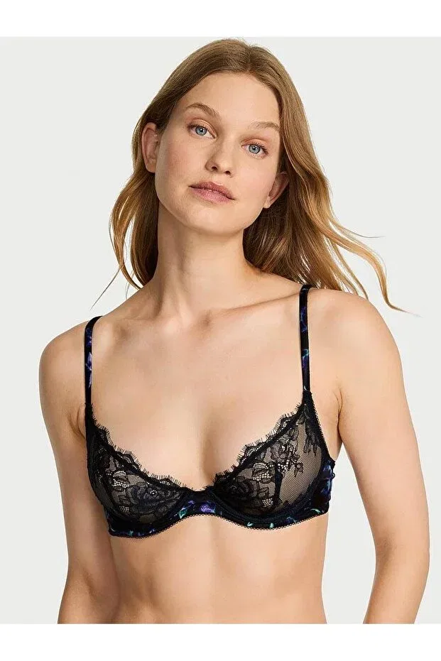 Женский бюстгальтер с кружевом Satin detailed lace unpadded deep plunge demi bra Victoria'S Secret, Black Orchid — фото 2