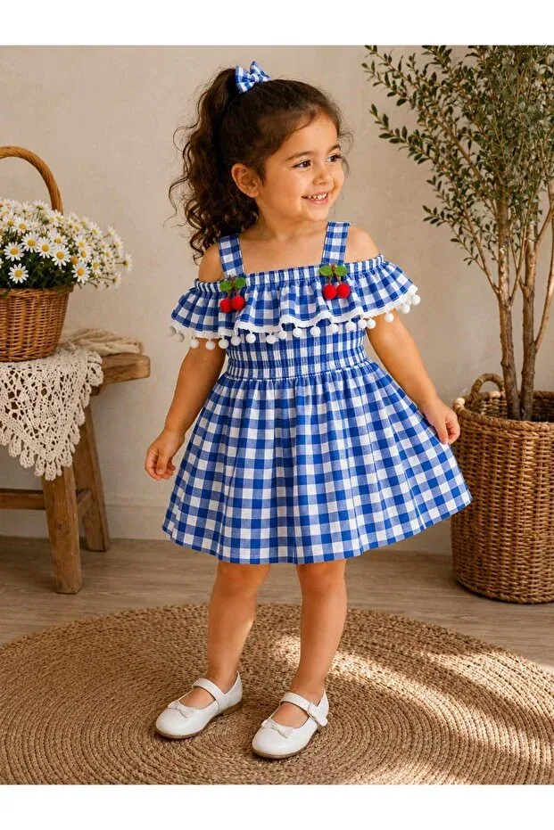 Детское платье для девочек хлопковое Pompom Gingham Krm Kerem Bebe, Blue