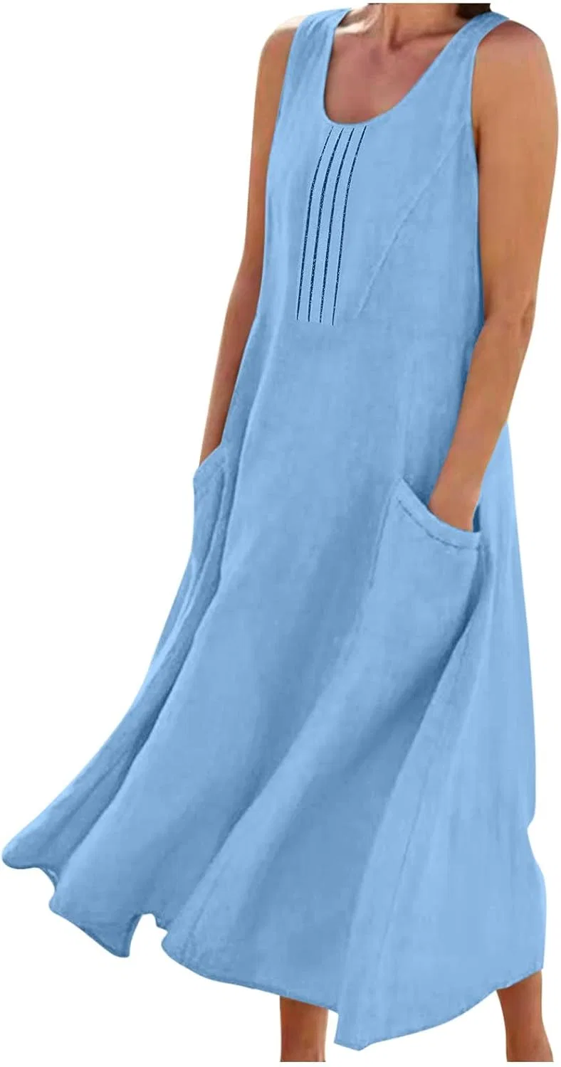 Женское летнее платье миди на молнии с карманами, Light Blue