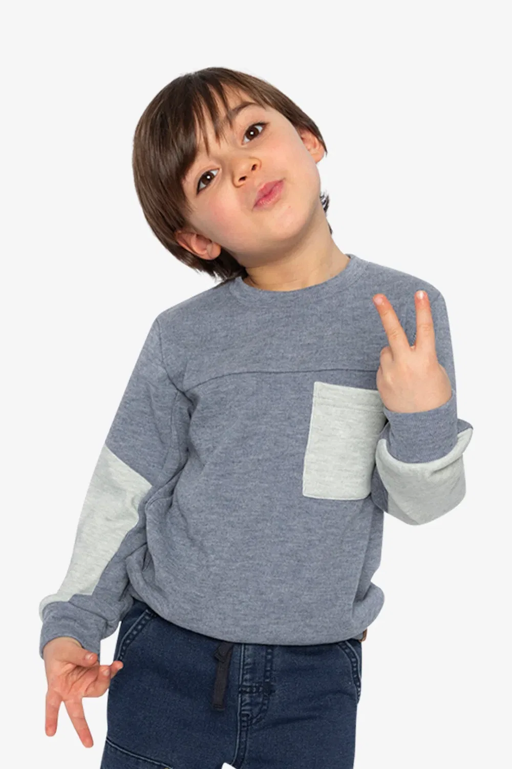 Детская футболка с нагрудным карманом Colorblock Brushed Jersey Top Deux par Deux, Blue-Grey — фото 2