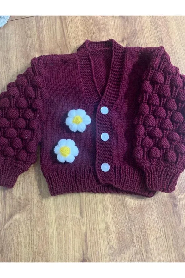 Детский кардиган для девочек с длинным рукавом Hand knitted raspberry pony girl's cardigan El Örgüsü Cici Bebe, Murdum — фото 2