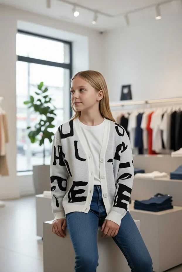 Детский вязаное кардиган для девочек с принтом Girl'S letter patterned knitwear cardigan Minimoda Kids, Ecru — фото 2