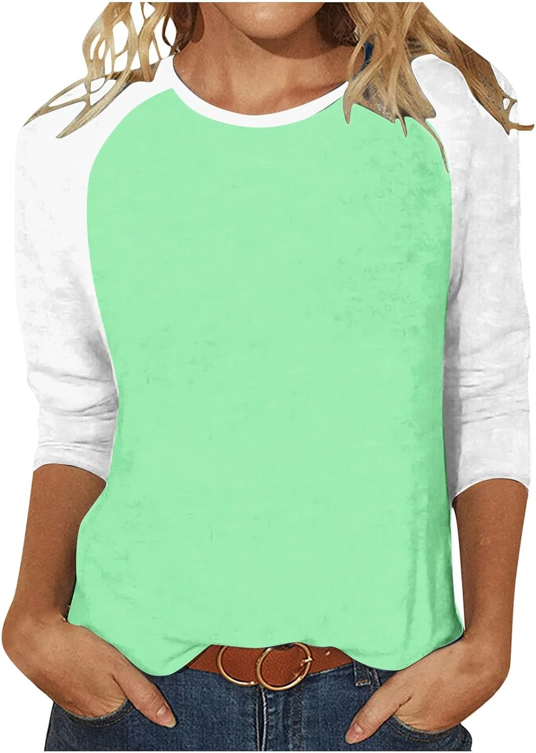 Женская футболка с 3/4 рукавом Patchwork Color Block, Green
